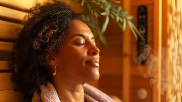 A person enjoying a peaceful moment in their home infrared sauna listening to calming music and practicing deep breathing for improved respiratory health. photo