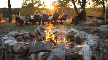 Flames lick and dance around the logs in the fire pit casting a warm orange glow on the faces of the gathered group. 2d flat cartoon photo