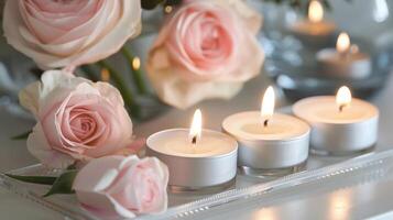 A set of delicately scented tealight candles each emitting a soft glow and a gentle fragrance to enhance the mood of any room photo