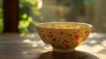 A delicate ceramic fruit bowl handpainted with intricate floral patterns and finished with a matte glaze. photo