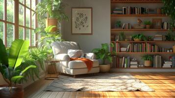 A serene retirement corner boasting a streamlined living space with a inviting armchair a small library of cherished reads and a vibrant potted plant for a touch of nature photo