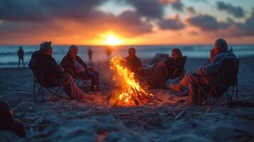 A group of retirees gathered around a bonfire on the beach roasting marshmallows and sharing stories as the sun sets in the background casting a magical light on their faces photo