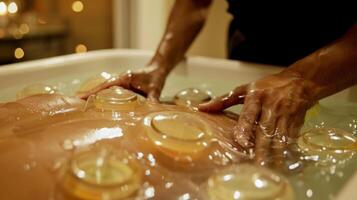 A cupping the is using warm cups to create a vacuum on a patients back while the patient simultaneously sits in an infrared sauna to aid in detoxification. photo