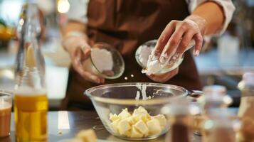 A baking instructor demonstrating how to infuse desserts with unique flavors using nonalcoholic beverages during a session photo