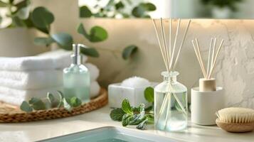 The cool and crisp notes of peppermint and eucalyptus fill the air from a diffuser in a bathroom turning a simple shower into a spalike experience photo