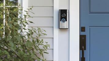 A photo of a smart doorbell with a builtin camera installed by a security system expert. The homeowners can now see who is at the door from their phone and even communicat