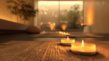 A peaceful meditation room with an LED candle array creating a tranquil ambiance. 2d flat cartoon photo