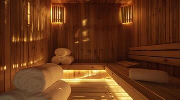 un acogedor con paneles de madera sauna habitación con suave Encendiendo y toallas pulcramente doblada en un banco. foto