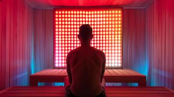 A person sitting in an infrared sauna with a red light therapy panel behind them to increase the theutic effects and provide additional relief for SAD symptoms. photo