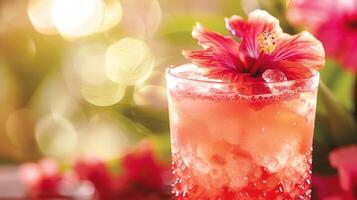 A tropicalinspired beverage with a hibiscus flower garnish featuring a mix of rum coconut water and guava juice photo