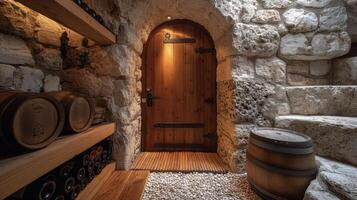 A secret cellar door is shown being od to reveal a wine storage room cleverly hidden within the bat of the home photo