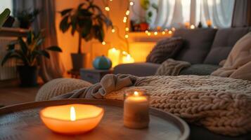 A cozy living room filled with soft cushions and candles where someone is practicing guided imagery meditation in order to clear their mind and find peace photo