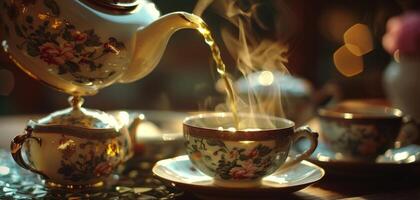 A host pouring hot tea from a beautiful teapot into a teacup for a guest at the tea party photo