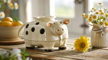 A whimsical ceramic butter dish shaped like a cheerful cow and handglazed in a glossy white finish. photo