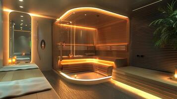 un pulcro y futurista sauna interior con alta tecnología caracteristicas tal como voz mando control S y LED Encendiendo para un tinte experiencia. foto