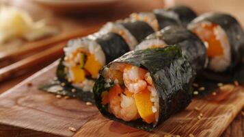 Wrapped in seaweed and stuffed with shrimp tempura and mango chunks these sushi rolls are a delight for both the eyes and taste buds photo