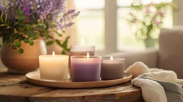 A trio of premium soy candles in soothing lavender refreshing citrus and calming vanilla scents providing the ultimate relaxation experience photo