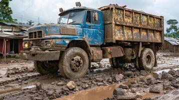 A truck loaded with materials parked outside the construction site its tires covered in thick mud photo