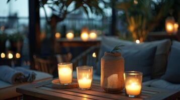 The rooftop terrace les with the light of flickering candles creating a dreamy and romantic setting for an evening of relaxation. 2d flat cartoon photo