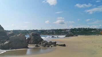 Beautiful rocks cliffs view waves at beach coast panorama Mexico. video