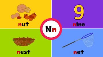 Letter N n, nut, nest, nine, net, Flashcard, Alphabet, Learning, Preschool, Vocabulary, Teaching vector