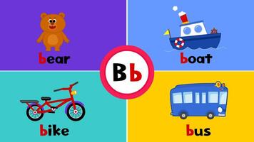 letra si b, oso, bicicleta, autobús, bote, tarjeta de memoria flash, alfabeto, niños, aprendiendo, enseñando, vocabulario vector