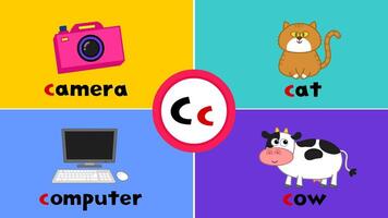 letra C C, cámara, gato, computadora, vaca, tarjeta de memoria flash, alfabeto, aprendiendo, preescolar, vocabulario, enseñando vector