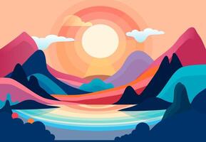 stylized landscape lake in the mountains vector