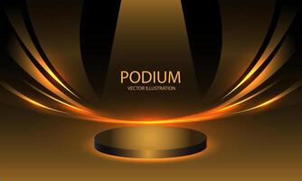 Black podium golden curve 3D stage for display product illustration. vector