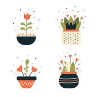 A set of illustrations on a white background, cute cartoon potted plants with hearts and dots in the style of flat design, simple shapes, bright colors, spring decor. vector