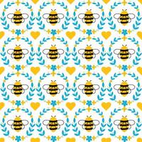 Cute bright seamless pattern bees, flowers and hearts. Flat hand drawn design illustration colorful and happy vector