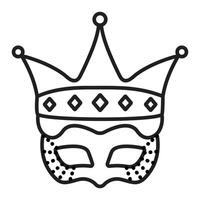 Queen and king masquerade mask with a crown, prince and princess costume part, single black line icon vector