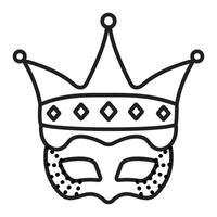 Queen and king masquerade mask with a crown, prince and princess costume part, single black line icon vector