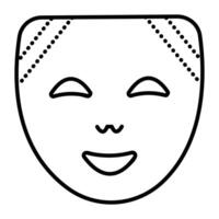 contento y positivo facial mascarilla, negro línea icono de un optimista, sencillo firmar vector