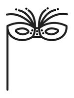 Festive masquerade mask with a stick and decorations in the form of fireworks, sparks. Black line icon vector