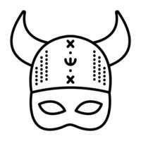 Viking masquerade mask with a hat and horns, scandinavian costume part, single black line icon vector
