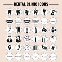 Dental clinic highlights covers. Dentist cabinet icons for social media .Toothbrush, toothpaste, caries, veneers, tooth whitening, implant, calculus, orthodontics. Flat monochrome dentistry icons set vector