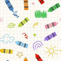 Cute childish seamless pattern with kawaii colorful crayons and doodle illustration. Simple illustration vector