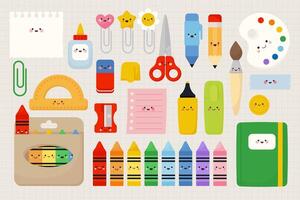 linda colegio suministros caracteres colocar. ilustraciones en kawaii estilo vector