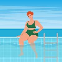 gordito atractivo mujer sentado en el piscina con Oceano vista. linda ilustración en plano estilo vector