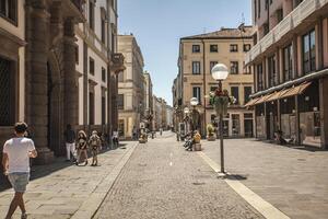 PADOVA ITALY 17 JULY 2020 Real life scene in Padua street with people photo