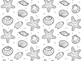 Doodle seashell seamless pattern. background of tropical sea and ocean elements, shells, starfish. Doodles of marine life. vector