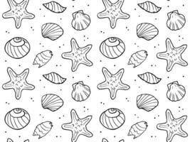 Doodle seashell seamless pattern. background of tropical sea and ocean elements, shells, starfish. Doodles of marine life. vector