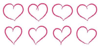 rojo y rosado lápiz de color corazones pintado con lápiz labial o lápiz. mano dibujado tiza símbolo de amor. ilustración vector