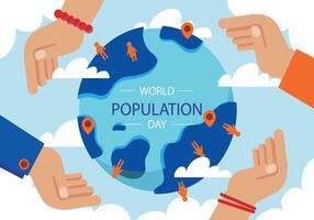 Flat world population day background with hands holding planet with people vector