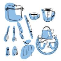 Set of kitchen utensils. A saucepan, a frying pan with a black handle, a measuring cup, a whisk, a knife, a cutting board, a salt shaker, a rolling pin. Drawn in black and blue in . For kitchen vector