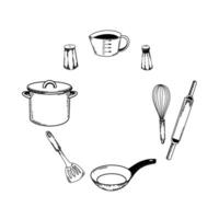Cookware. A saucepan, cooking measuring cups, a whisk, a rolling pin, a frying pan, salt and pepper, all objects are drawn in in black. For printing on fabric, paper, stickers, design vector