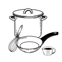 Composition on a kitchen theme. A saucepan, a frying pan with a black handle, a measuring cup, a whisk. Objects are drawn in black in . For the kitchen, stove, design, dishes, textiles vector