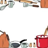 illustration with utensils red saucepan, frying pan, polka dot apron, whisk, knife, salt shaker, pepper mill, measuring cups, cooking spatula, whisk. For kitchen, stove, design vector