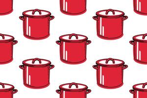 Seamless pattern with kitchen utensils. Red saucepan on a white background. All objects are hand-drawn in in red and black. For printing on fabric, paper, tableware and textile design vector